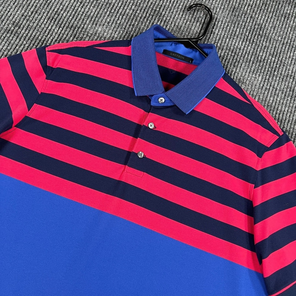 Greyson Polo Shirt Mens Large Blue Purple‎ Striped Short Sleeve Golf Performance